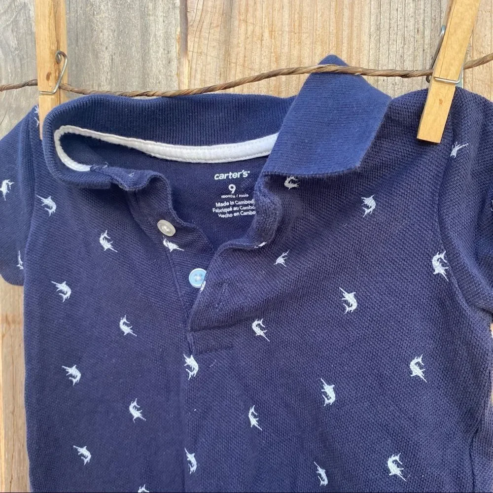 Carters Baby Boy Navy Blue Sword Fish Polo Romper 9 months